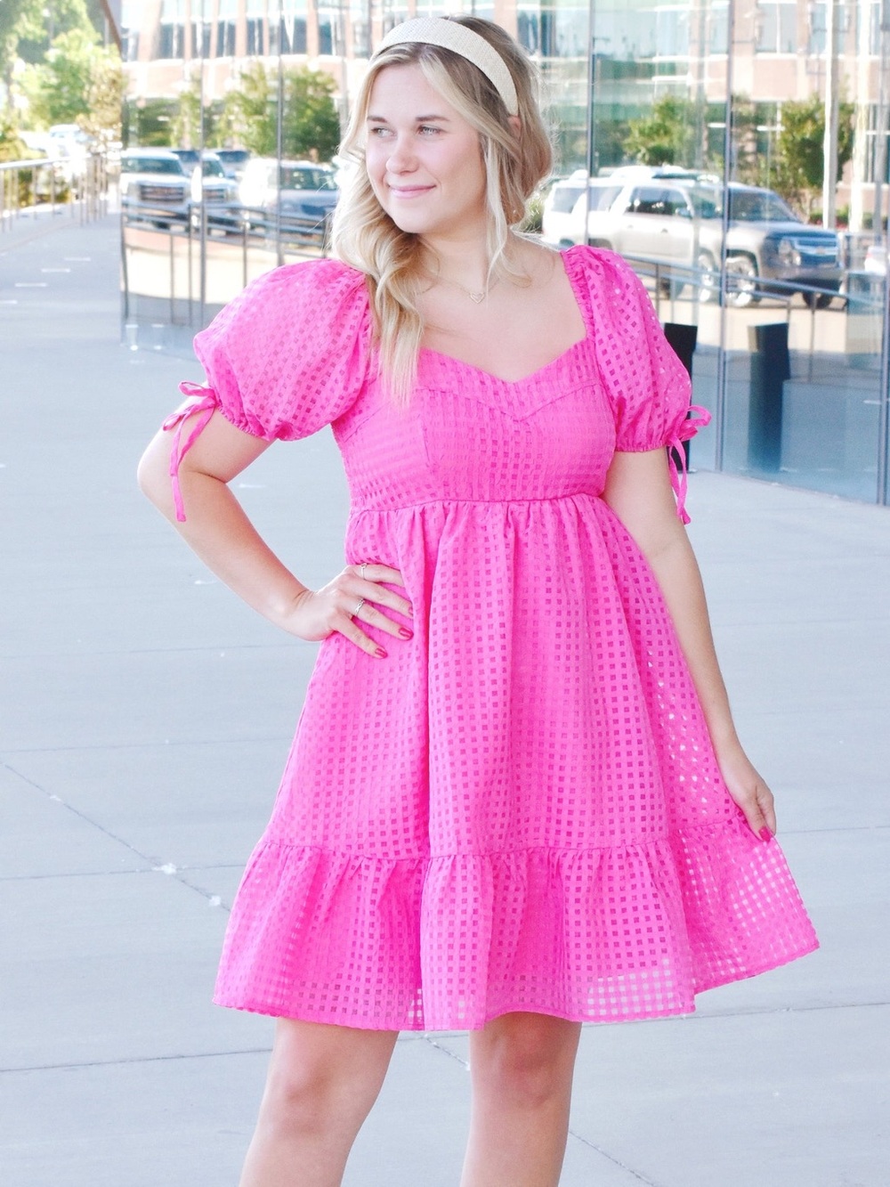 Entro Pink Puff Sleeve Grid Print Tie Detail Dress Size S